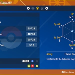 Può includere: Una grafica di Poké Ball blu e bianca su uno schermo con un elenco di mosse per il Pokémon Larvesta, livello 1. Le mosse sono Braciere, Tiro di Corda, Assorbimento e Sole Mattutino. Le statistiche sono PS 12/12, Atk. Sp. 6, Def. Sp. 6, Velocità 6, Attacco 6 e Difesa 6. L'abilità è Corpofiamma, che afferma "Il contatto con il Pokémon può bruciare l'attaccante."