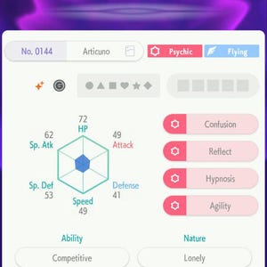 May include: A digital display of the Pokémon Articuno, a Psychic and Flying type. The image shows Articuno's stats, including HP, Attack, and Defense. The text includes the level, ID number, and trainer information.