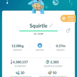 May include: A mobile game screen displays a Squirtle character wearing a party hat. The screen shows the character's stats: 12.08kg weight, 0.57m height, and other game data. The game interface includes buttons for actions like 'Power Up' and 'Evolve'.