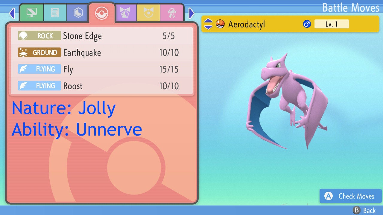 Pokemon Let's Go Shiny Aerodactyl 6IV-AV Trained