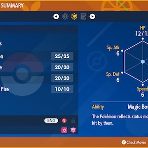 Puede incluir: Una captura de pantalla de un juego de Pokémon que muestra un Pokémon Hatenna con los movimientos Confusión, Jugar Bonito, Frota y Fuego Místico. Las estadísticas del Pokémon se muestran en una forma hexagonal con PS, Ataque, Defensa, Ataque Especial, Defensa Especial y Velocidad.