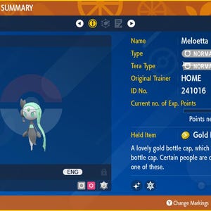 Può includere: Uno screenshot di un gioco Pokémon che mostra un Pokémon Meloetta di livello 50. Il Pokémon è di tipo Normale e Psico con un tipo Tera Normale. Il Pokémon tiene un oggetto chiamato "Gold Bottle Cap". Il Pokémon ha attualmente 156.250 punti esperienza e ne ha bisogno di 9.563 in più per salire di livello.