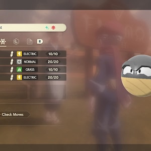 Può includere: Un personaggio Pokémon Voltorb grigio e giallo con un'espressione minacciosa. Il Pokémon è di livello 54 e ha le mosse Fulmine, Velocità, Palla Ombra e Onda Fulmine. Le mosse sono elencate con il loro tipo e PP.