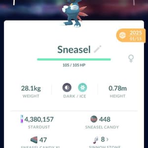May include: A mobile game screen displays a Sneasel character with a CP of 1582. The character is blue with red accents, wearing a hat. Stats include weight (28.1kg), height (0.78m), and various game resources. The text "Sneasel" is visible.