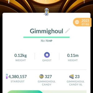 May include: A mobile game interface displaying a character named Gimmighoul. The screen shows the character's weight at 0.12kg and height at 0.11m. It also displays stardust, candy, and candy XL amounts, along with the option to power up.