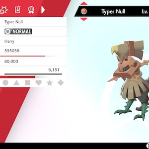 Może przedstawiać: Cyfrowy obraz postaci Pokémon, Typ: Null, z brązową i beżową głową i ciałem oraz zielonymi stopami. Interfejs gry pokazuje imię, typ i poziom postaci.