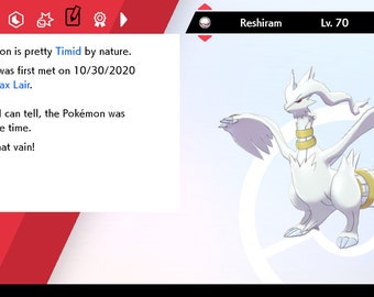 Shiny Reshiram 6IV Pokemon X/Y OR/AS S/M Us/um Sword/shield 