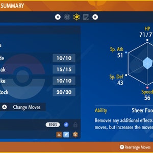 May include: A blue and white Pokémon status summary screen showing Landorus, a ground and flying type Pokémon, with the moves Rock Slide, Brick Break, Earthquake, and Stealth Rock. The screen also shows Landorus's stats, including HP, Attack, Defense, Special Attack, Special Defense, and Speed.