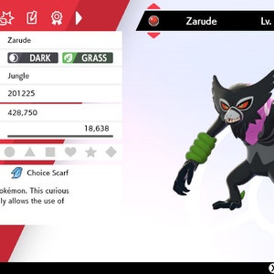 May include: A digital screenshot of a Zarude Pokémon character from the Pokémon video game series. The Pokémon is level 70 and is a Dark and Grass type. The Pokémon is holding a Choice Scarf item. The text on the screen reads "Zarude Lv. 70" and "Choice Scarf".