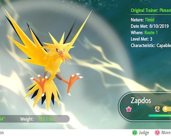 Shiny/Non-shiny Zapdos 6IV XL Pokémon Let's Go Pikachu/Eevee HOME (100%  Legal)