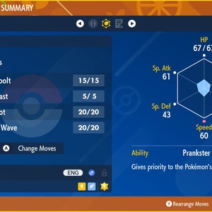 May include: A blue and white Poké Ball graphic with a blue hexagon showing the stats of the Pokémon Thundurus, level 20. The stats are: HP 67/67, Sp. Atk 61, Attack 51, Sp. Def 43, Defense 39, Speed 60. The Pokémon's ability is Prankster, which gives priority to the Pokémon's status moves. The Pokémon knows the moves Thunderbolt, Focus Blast, Nasty Plot, and Thunder Wave.
