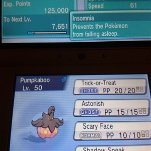 May include: A screenshot of a Nintendo DS game showing a Pumpkaboo Pokemon, level 50, with the moves Trick-or-Treat, Astonish, Scary Face, and Shadow Sneak. The Pokemon is a Ghost and Grass type with the ability Insomnia. The Pokemon has 134/134 HP, 94 Attack, 90 Defense, 57 Special Attack, 75 Special Defense, and 61 Speed.