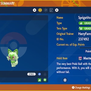 Puede incluir: Un personaje Pok&eacute;mon Sprigatito con pelaje verde y blanco, ojos rosas y una hoja verde en la cabeza. El Pok&eacute;mon est&aacute; de pie sobre un fondo azul con una Pok&eacute; Ball en el fondo. El nombre del Pok&eacute;mon es Sprigatito y es de nivel 5. El tipo del Pok&eacute;mon es Planta y su tipo Tera es Planta. El entrenador original del Pok&eacute;mon es HarryFarron y su n&uacute;mero de identificaci&oacute;n es 237492. El Pok&eacute;mon tiene 135 puntos de experiencia y necesita 44 m&aacute;s para subir de nivel. El Pok&eacute;mon est&aacute; sosteniendo una Master Ball.