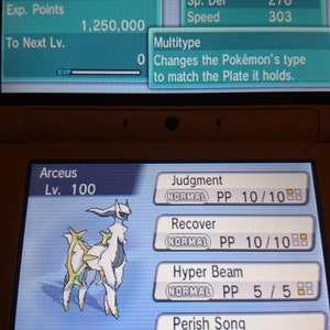 May include: A screenshot of a Nintendo DS game showing Arceus, a legendary Pokémon, at level 100. Arceus is a white and grey Pokémon with a golden halo. The Pokémon's stats are displayed, including its HP, attack, defence, special attack, special defence, and speed. The Pokémon's moves are also displayed, including Judgment, Recover, Hyper Beam, and Perish Song.