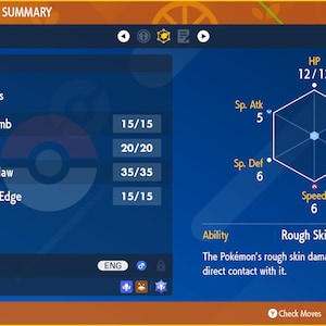 May include: A blue and white Pokemon status summary screen showing a Gible Pokemon with the ability Rough Skin. The screen shows the Pokemon's stats, moves, and current HP. The Pokemon's moves are Sand Tomb, Twister, Metal Claw, and Double-Edge.