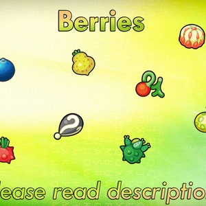 Può includere: Un'immagine con varie bacche dei cartoni animati in diverse forme e colori, tra cui verde, blu, rosso e giallo. La parola "Berries" è scritta in alto e il testo "Please read description!" è in basso.