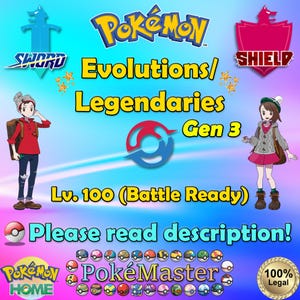 Pode incluir: Imagem promocional para Pokémon com o texto "Pokémon Evolutions/ Legendaries Gen 3 Lv. 100 (Battle Ready)". A imagem inclui ilustrações de personagens, logotipos e o texto "Please read description!"