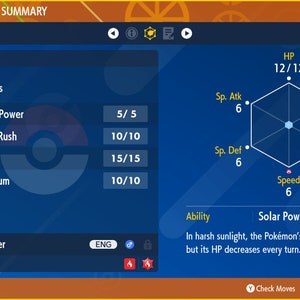 May include: A blue and orange Pokémon status summary screen showing a Charmander with the moves Ancient Power, Dragon Rush, Iron Tail, and Belly Drum. The screen shows the Pokémon's stats, including HP, Attack, Defense, Special Attack, Special Defense, and Speed. The ability is Solar Power.
