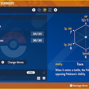 Op de afbeelding: Een blauw scherm met een Pokémon-statusoverzicht. De Pokémon is Porygon, level 1. De Pokémon heeft 35/35 HP en 30/30 PP voor Tackle en Conversion. De statistieken van de Pokémon zijn: HP 12/12, Sp. Aanv. 7, Sp. Ver. 6, Snelheid 6, Aanval 5, Verdediging 6. De ability van de Pokémon is Spook. De tekst luidt: "Wanneer het een gevecht ingaat, kopieert de Pokémon de ability van een tegenstander."