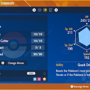 May include: A blue and yellow Pokémon status summary screen. It displays the Pokémon's moves, stats, and ability. The stats are shown in a hexagonal graph. The Pokémon's name is Iron Crown, and its level is 75.