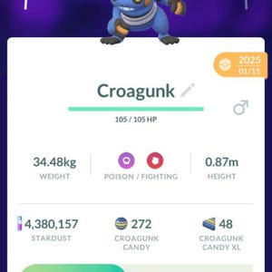 May include: A mobile game screen displays a blue Croagunk character with a CP of 751. The screen shows stats including weight (34.48kg), height (0.87m), and stardust (4,380,157). Options to power up or evolve are visible.