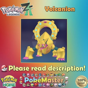 Pode incluir: Ilustração digital do Pokémon Volcanion. A personagem é principalmente amarela com detalhes em rosa e azul. A imagem inclui o texto "Pokémon Legends" e "Volcanion". A imagem também inclui o texto "Please read description!"