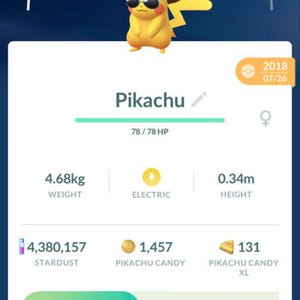 May include: A mobile game screen displays a Pikachu character wearing a hat and sunglasses. The screen shows the character's stats, including weight (4.68kg), height (0.34m), and CP534. The game also shows the option to power up or evolve the character.