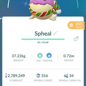 May include: A mobile game screenshot featuring a Spheal character with a CP of 387. The Ice/Water type Spheal weighs 37.22kg and is 0.72m tall. The screen displays stardust, candy, and power-up options.