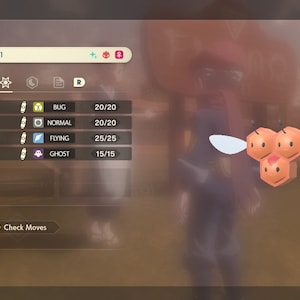 May include: A Pokémon Summary screen showing a Combee, a bee-like Pokémon, at level 21. The screen shows the Pokémon's moves: Struggle Bug, Swift, Gust, and Ominous Wind. The moves are listed with their corresponding types: Bug, Normal, Flying, and Ghost. The screen also shows the Pokémon's current health and experience points.