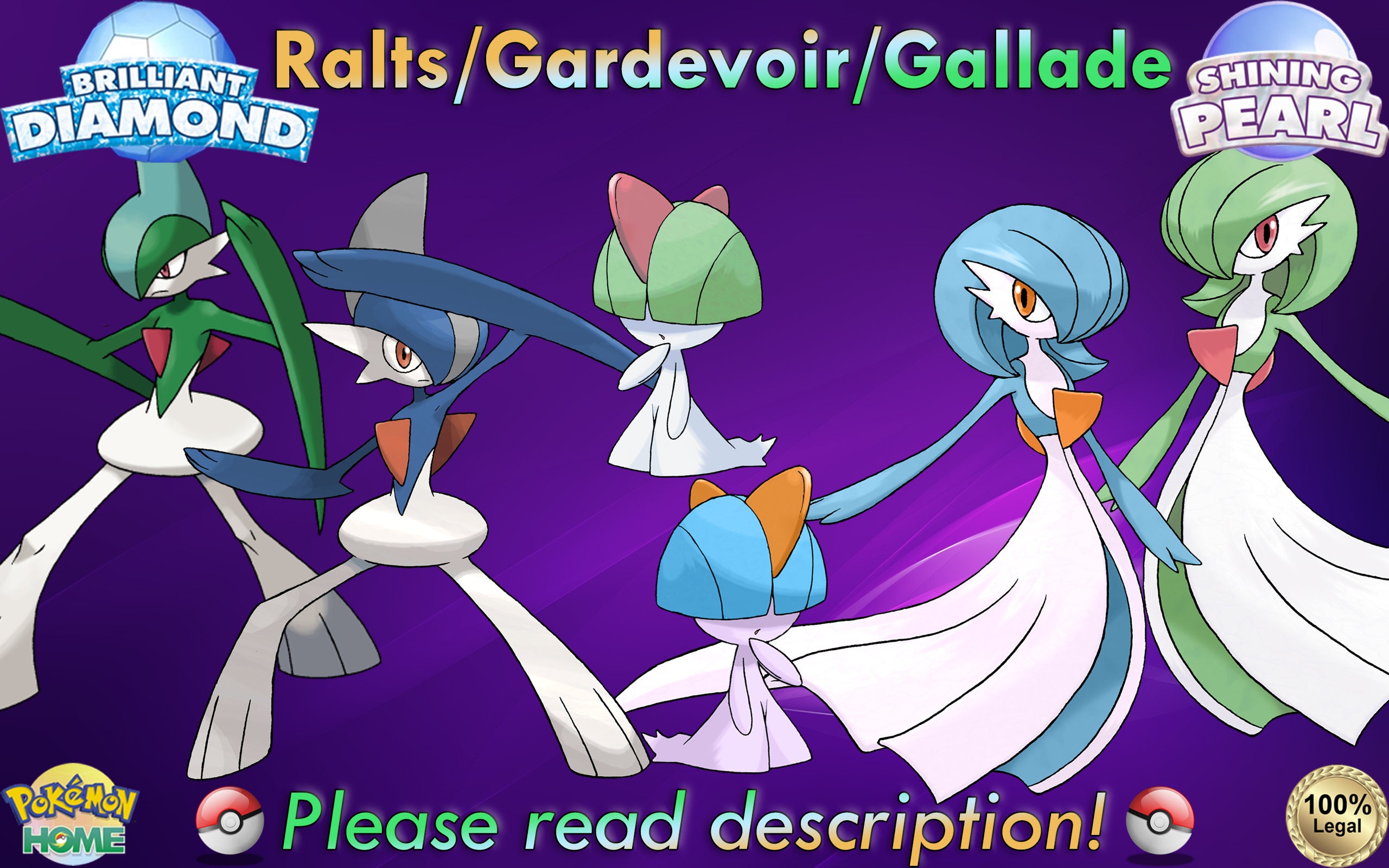 My finished shiny evolution line of Ralts, Kirlia, Gardevoir, and Gallade I  caught with pokéradar and transferred from Shining Pearl