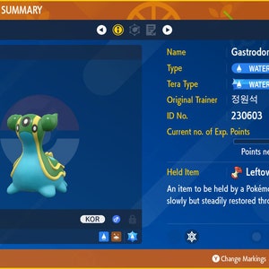 Pode incluir: Um personagem Pokémon Gastrodon azul e verde com o texto "트리토돈" e "KOR" na tela. O Pokémon é de nível 50 e tem 125.000 pontos de experiência. O tipo do Pokémon é Água e Terra, e seu tipo Tera é Água. O Pokémon está segurando o item Restas.