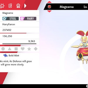 May include: A screenshot of a video game showing a Magearna Pokemon with a level of 50. The Pokemon is a Steel and Fairy type. The Pokemon is holding a Bold Mint item. The text on the screen says "When a Pokemon smells this mint, its Defense will grow more easily, but its Attack will grow more slowly."