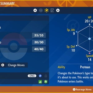 Puede incluir: Una pantalla de resumen de estado de Pok&eacute;mon azul y blanca que muestra a Sprigatito, un Pok&eacute;mon de tipo hierba, en el nivel 5. Los movimientos actuales de Sprigatito son Ara&ntilde;azo, Latigazo y Hoja Afilada. La pantalla tambi&eacute;n muestra las estad&iacute;sticas de Sprigatito, incluyendo PS, Ataque, Ataque Especial, Defensa Especial, Defensa y Velocidad.