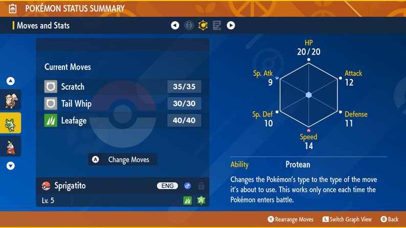 Puede incluir: Una pantalla de resumen de estado de Pok&eacute;mon azul y blanca que muestra a Sprigatito, un Pok&eacute;mon de tipo hierba, en el nivel 5. Los movimientos actuales de Sprigatito son Ara&ntilde;azo, Latigazo y Hoja Afilada. La pantalla tambi&eacute;n muestra las estad&iacute;sticas de Sprigatito, incluyendo PS, Ataque, Ataque Especial, Defensa Especial, Defensa y Velocidad.