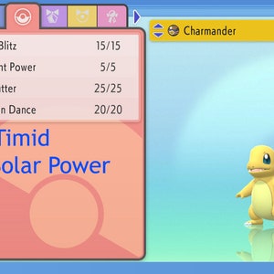 May include: A digital screen showing a Charmander Pokemon with the moves Flare Blitz, Ancient Power, Air Cutter, and Dragon Dance. The Pokemon's nature is Timid and its ability is Solar Power.