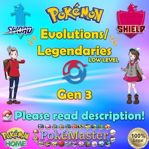 Pode incluir: Uma imagem promocional para Pokémon com o logotipo Pokémon, texto que diz "Evolutions/ Legendaries LOW LEVEL Gen 3" e ilustrações de personagens. A imagem inclui o texto "Please read description!" e várias Poké Balls.