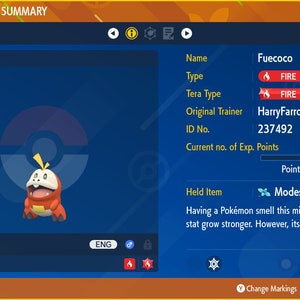 Puede incluir: Una captura de pantalla de un videojuego que muestra un resumen de estado de Pok&eacute;mon para un Fuecoco, un Pok&eacute;mon de tipo Fuego con un tipo Tera Fuego. El Pok&eacute;mon est&aacute; en el nivel 5 y tiene 135 puntos de experiencia. El Pok&eacute;mon est&aacute; sosteniendo una Menta Modesta, que puede aumentar su estad&iacute;stica de Ataque Especial pero puede disminuir su estad&iacute;stica de Ataque.