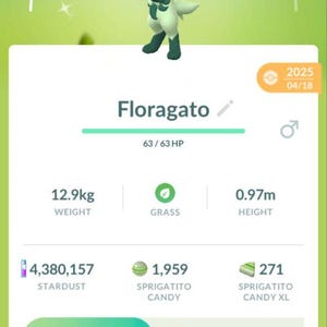 May include: A screenshot from a mobile game featuring a Floragato character wearing a hat. The image displays the character's CP, weight (12.9kg), height (0.97m), and other game-related stats. The text "Floragato" is prominently displayed.