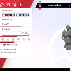 May include: A screenshot of a video game showing a Marshadow Pokemon with a level of 60. The Pokemon is gray with orange eyes and is in a fighting and ghost type. The Pokemon is holding a Master Ball, which is the best Poke Ball in the game.