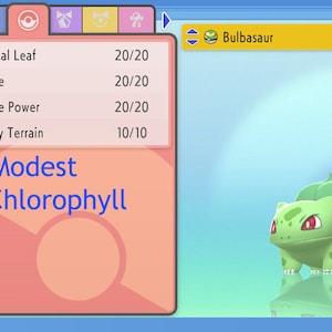 May include: A green Bulbasaur Pokemon character with red eyes, standing on a blue and white background. The Pokemon is level 1 and has the moves Magical Leaf, Sludge, Nature Power, and Grassy Terrain. The Pokemon's nature is Modest and its ability is Chlorophyll.