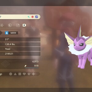 May include: A digital image of a Vaporeon, a purple and white Pokémon. The image includes a summary screen with the Pokémon's height at 5'7" and weight at 130.4 lbs. The Pokémon is level 17.