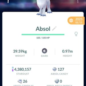 May include: A mobile game screen displaying an Absol character with a CP of 1538. The image shows the character's weight at 39.59kg and height at 0.97m. It also displays stardust, Absol candy, and other game stats.