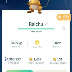 May include: A mobile game screen displays a Raichu character wearing a Santa hat. The screen shows stats including weight (28.97kg), height (0.82m), and CP1469. Other details include Stardust, Pikachu Candy, and available attacks.