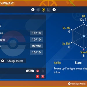 May include: A blue and orange screen showing a Pokemon status summary for a Fennekin. The Pokemon has 12/12 HP and the moves Heat Wave, Magic Room, Hypnosis, and Wish. The Pokemon's stats are displayed in a hexagon with the ability Blaze.