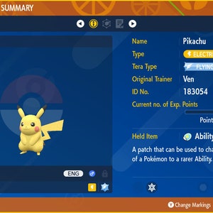 May include: A screenshot of a Pokemon Status Summary screen showing a level 5 Pikachu with an Electric and Flying Tera type. The Pokemon is holding an Ability Patch, which is a patch that can be used to change the regular Ability of a Pokemon to a rarer Ability.