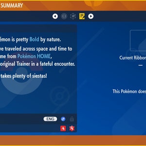 Puede incluir: Una pantalla azul con una barra amarilla y naranja en la parte superior. La pantalla muestra un resumen del estado del Pok&eacute;mon para un Pok&eacute;mon Fuecoco, nivel 5. El texto en la pantalla dice: "Este Pok&eacute;mon es bastante Audaz por naturaleza. Parece que ha viajado a trav&eacute;s del espacio y el tiempo para unirse a m&iacute; desde Pok&eacute;mon HOME, donde conoci&oacute; a su Entrenador original en un encuentro fat&iacute;dico. &iexcl;Toma muchas siestas!"