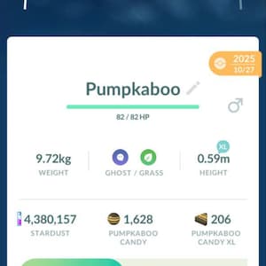 May include: A mobile game screen displays a Pumpkaboo character with a CP of 523. The character is a ghost/grass type, weighing 9.72kg and standing 0.59m tall. The screen shows stardust, candy, and candy XL amounts, along with power-up and evolve options.