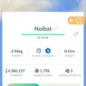 May include: A mobile game screen displays a Noibat character with a CP of 272 against a blue sky background. The Noibat weighs 4.96kg and is 0.41m tall. The screen shows stardust, candy, and options to power up or evolve.