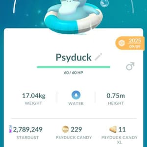 May include: A mobile game screenshot featuring a Psyduck character with a CP of 294. The image displays Psyduck's stats, including a weight of 17.04 kg and a height of 0.75 m. The game interface shows various in-game items and options.