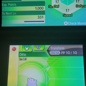 Pode incluir: Uma captura de tela de um jogo Nintendo DS mostrando um Pokémon Ditto com as estatísticas: PV 32/32, Atq. Esp. 15, Ataque 18, Def. Esp. 17, Defesa 17, Velocidade 17. O Pokémon é de nível 10 e tem o movimento Transformar com 10 PP. A habilidade do Pokémon é Agilidade e ele está segurando uma Bola de Luz.